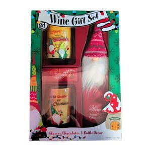 Christmas Gnomes Stemless Wine Glasses Gift Set Bottle Top Decor Lindor Holiday